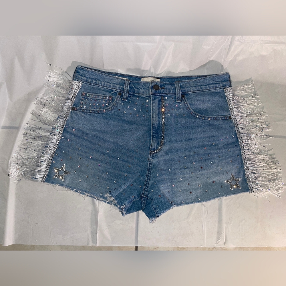 One-of-a-Kind Custom Denim shorts   Swarovski Crystal \ White Fringe